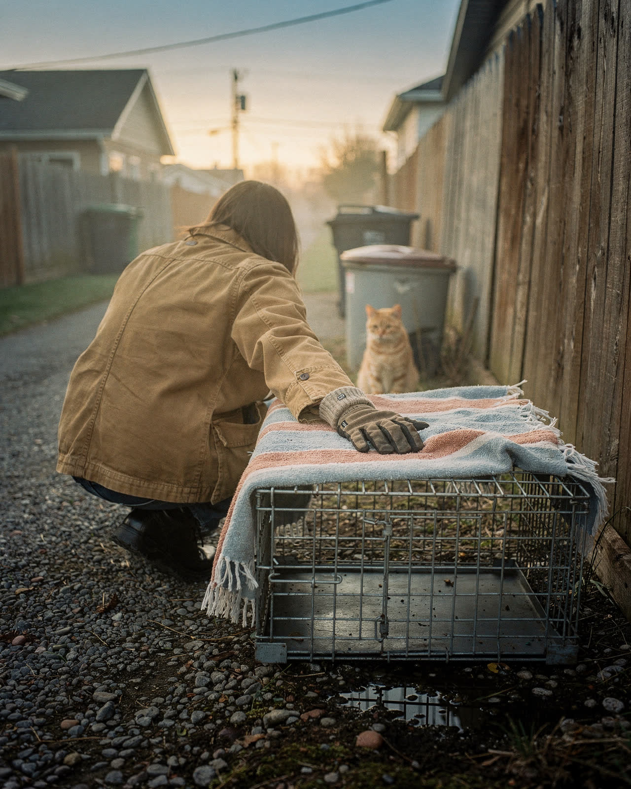 A volunteer crouched beside a covered humane trap at dawn