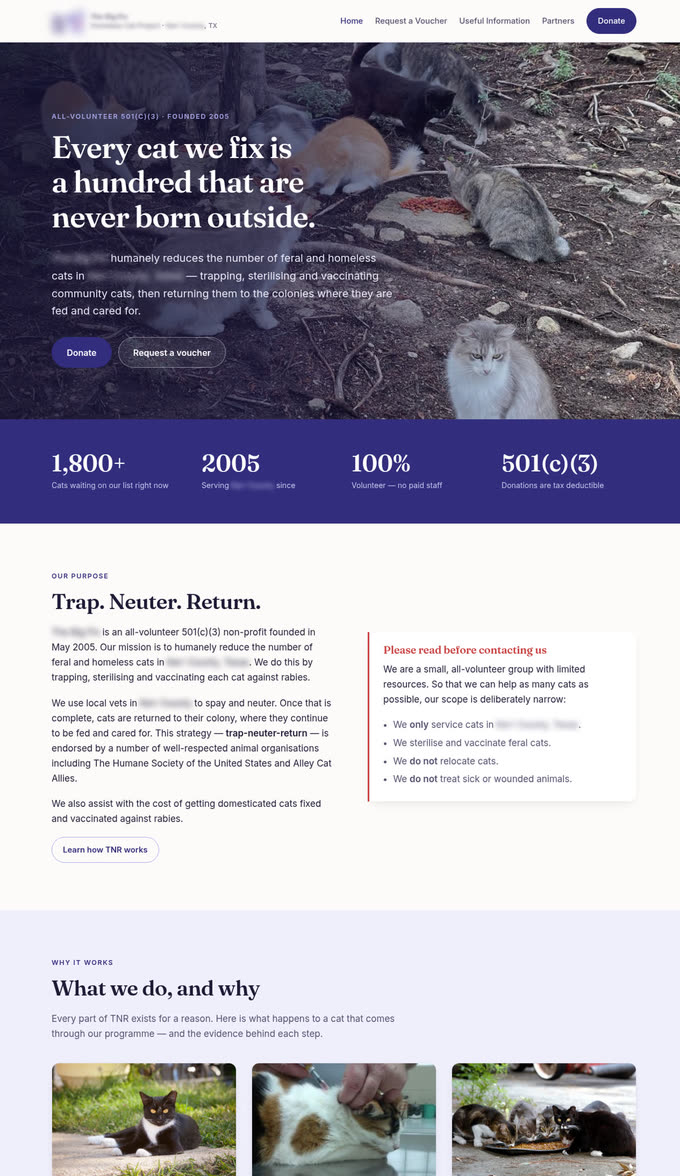 The same rescue's website after the refresh — clear, modern and readable