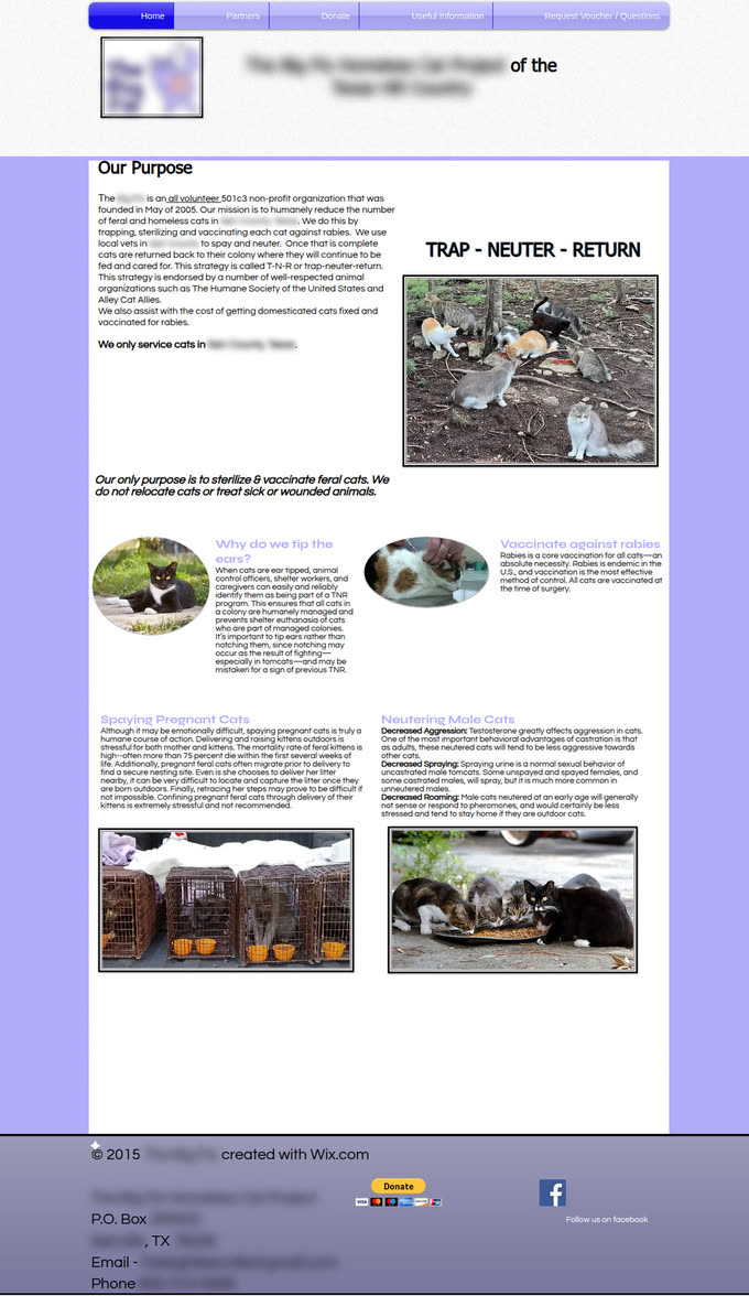 A cat rescue's website before the refresh — a dated, cramped layout